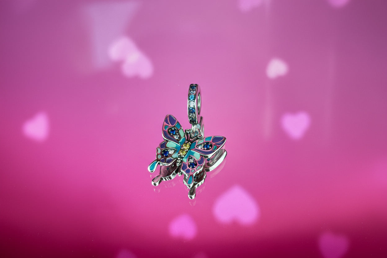 Blue & Purple Butterfly Dangle Charm – 925 Silver Plated Bead
