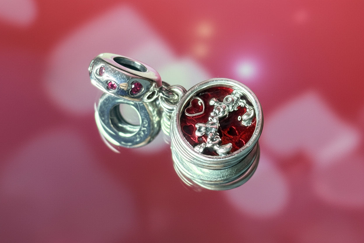 Disney Inspired Couple Heart Dangle Charm – 925 Silver Plated Bead