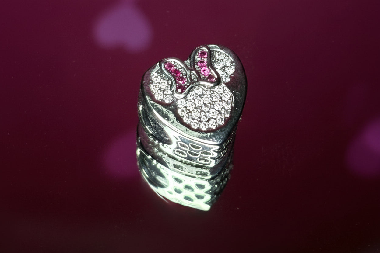 Disney Inspired Minnie Heart Sparkle Charm – 925 Silver Plated Bead