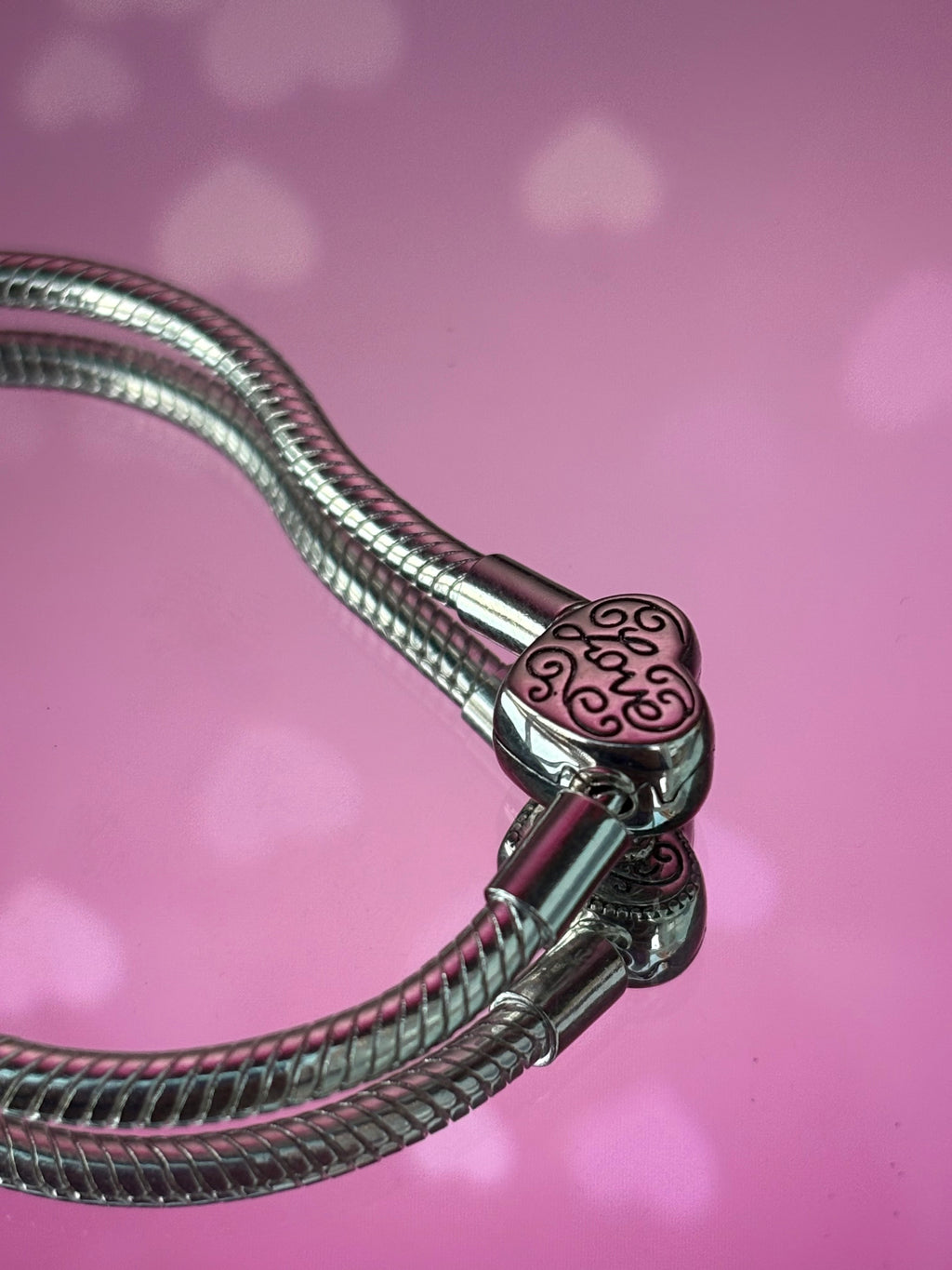 Crystal Heart Clasp Snake chain Bracelet Pink - 925 Silver plated