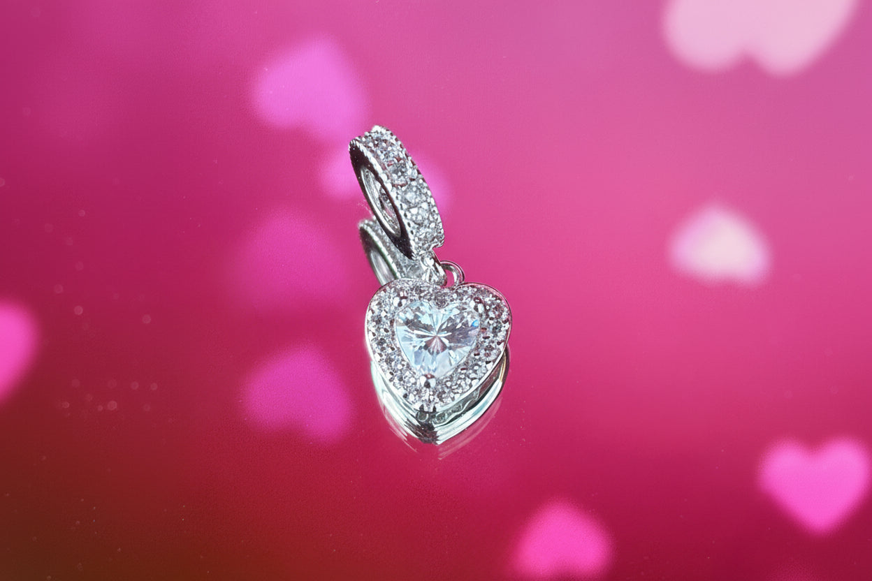 Sparkling Heart Dangle Charm – 925 Silver Plated Bead