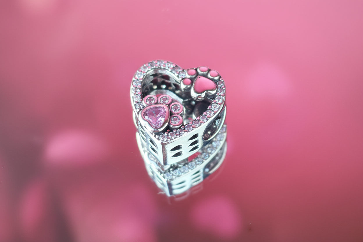 Paw Print Heart Charm – 925 Silver Plated