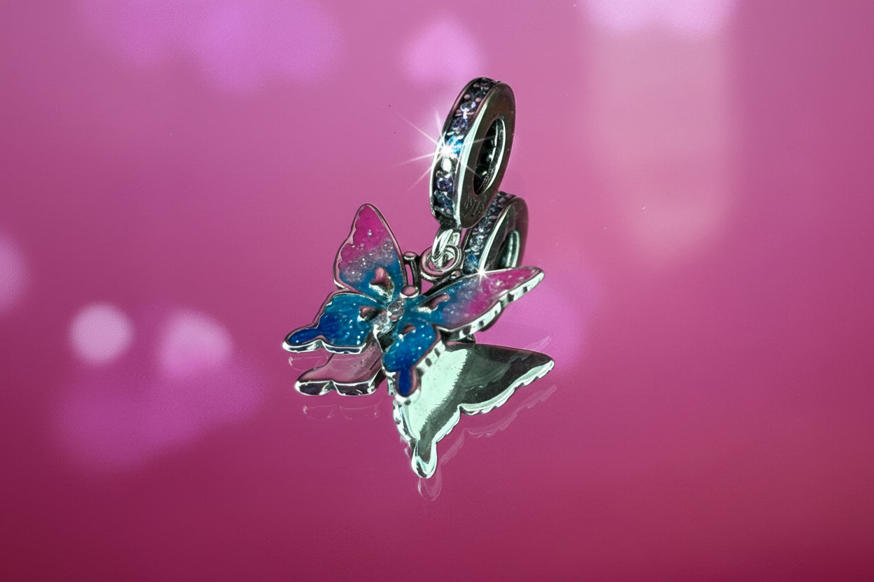 Pink & Blue Butterfly Dangle Charm – 925 Silver Plated Bead
