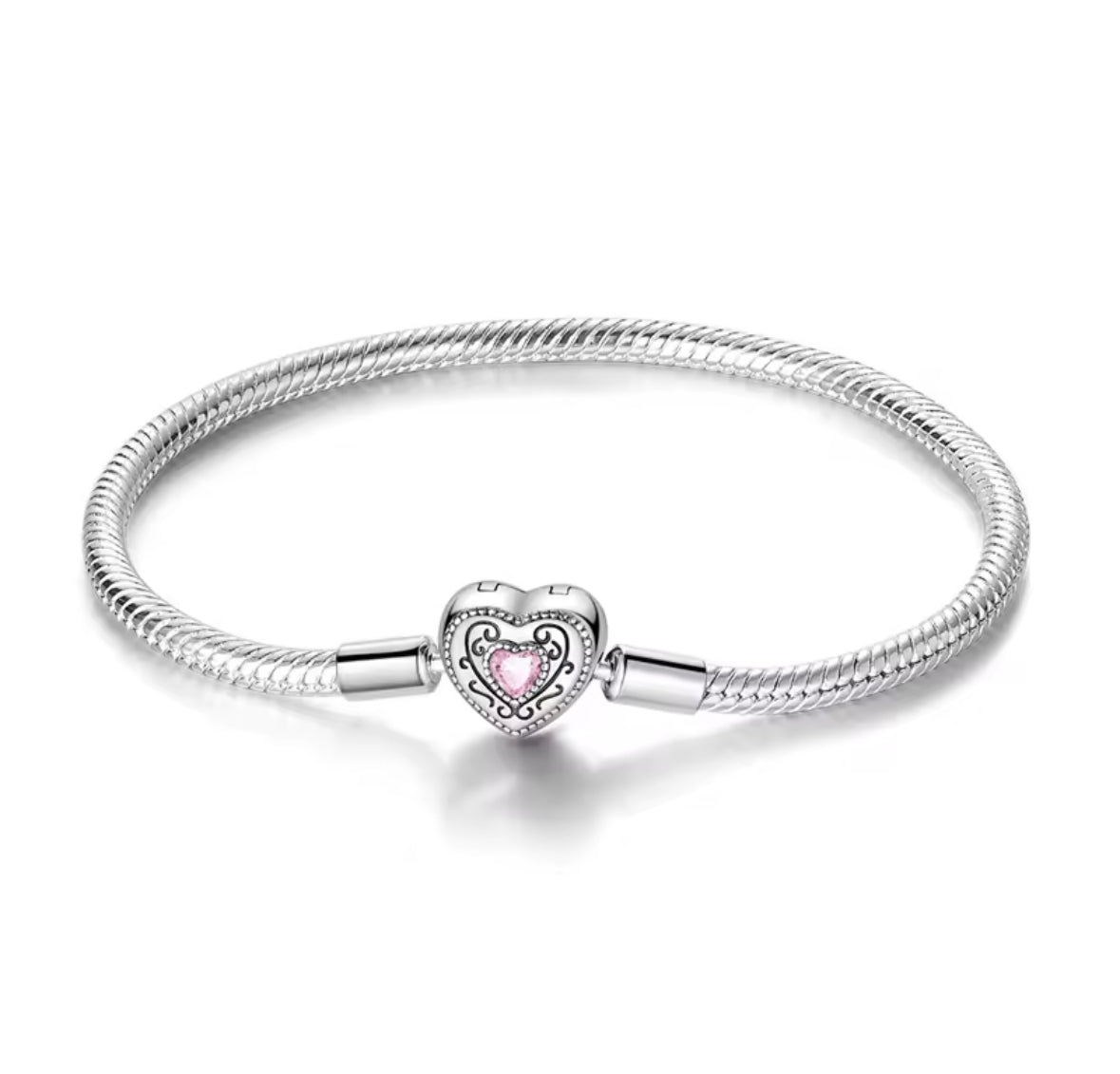 Crystal Heart Clasp Snake chain Bracelet Pink - 925 Silver plated