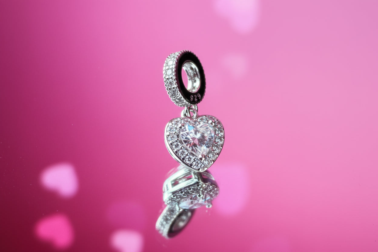 Sparkling Heart Dangle Charm – 925 Silver Plated Bead