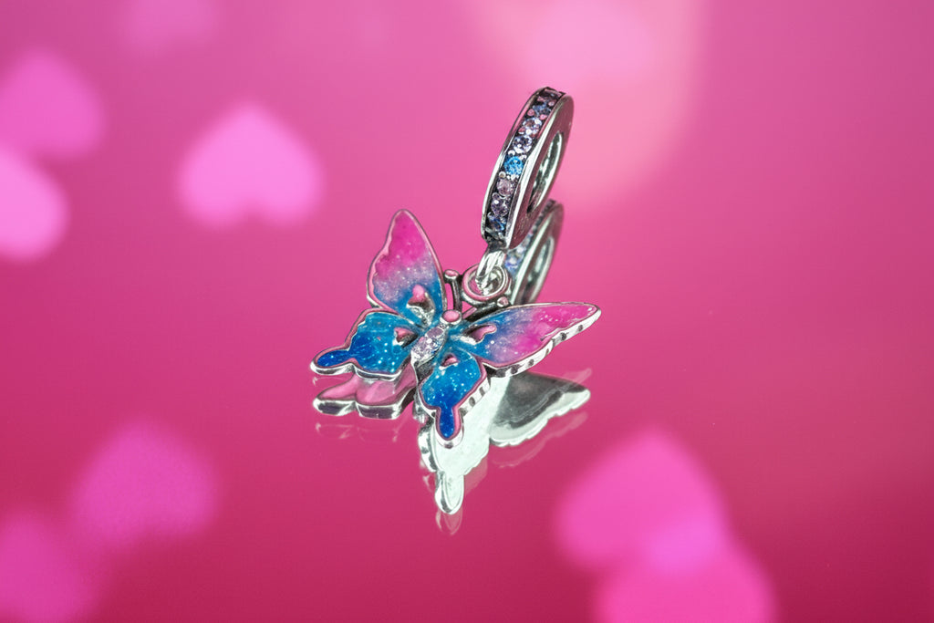 Pink & Blue Butterfly Dangle Charm – 925 Silver Plated Bead