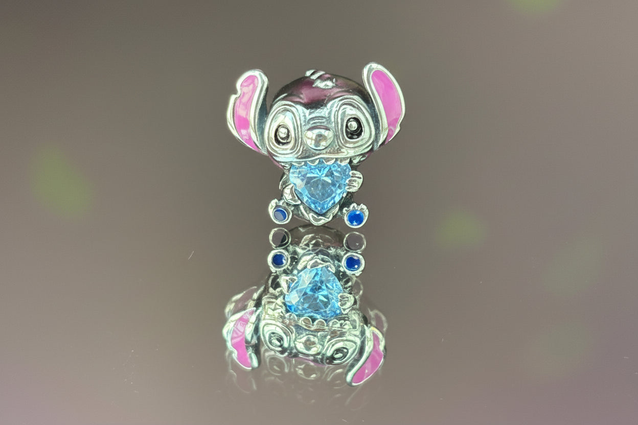 Disney Inspired Stitch Heart Bead Charm – 925 Silver Plated