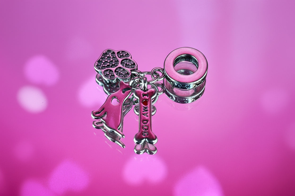 Dog Lover Paw & Bone Dangle Charm – 925 Silver Plated Bead