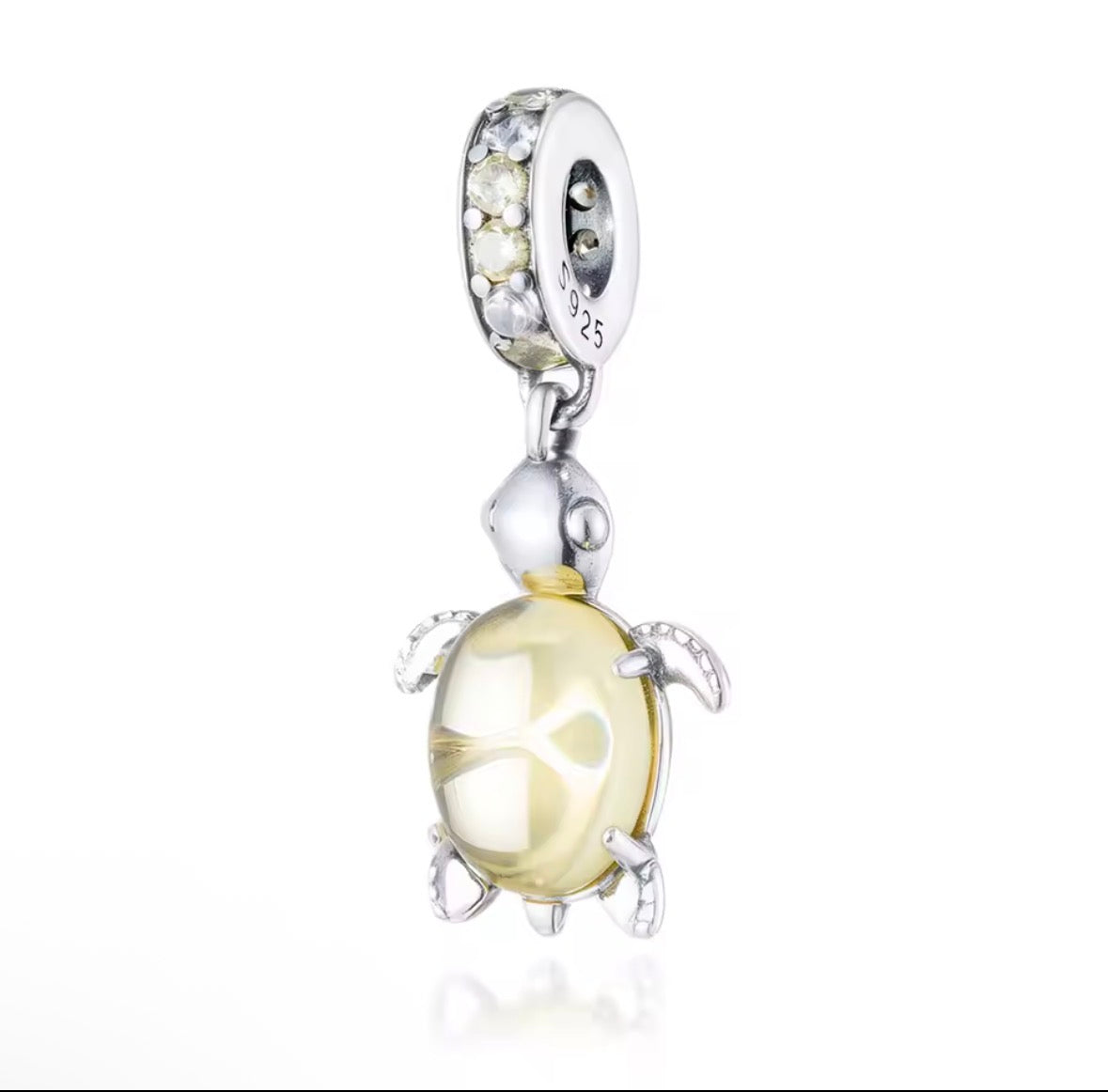 Golden Glow Turtle Charm – Yellow Glass & 925 Silver Plated