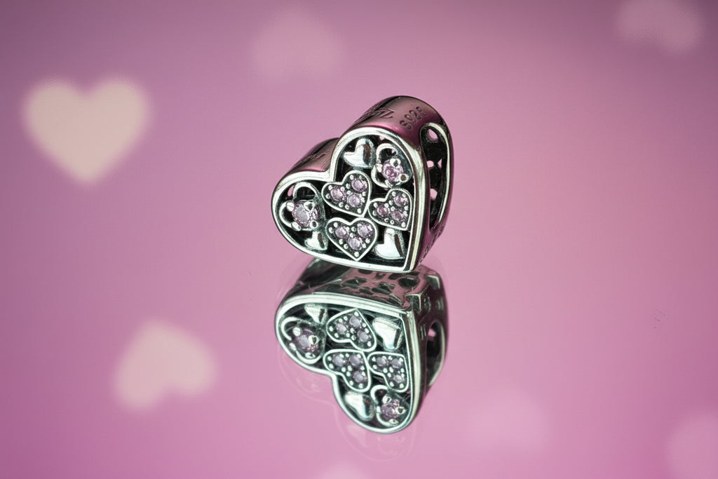 Pink Crystal Heart Cluster Charm – 925 Silver Plated Bead