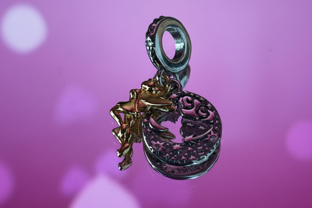 Disney Inspired Tinker bell & Moon Dangle Charm - 925 Silver Plated