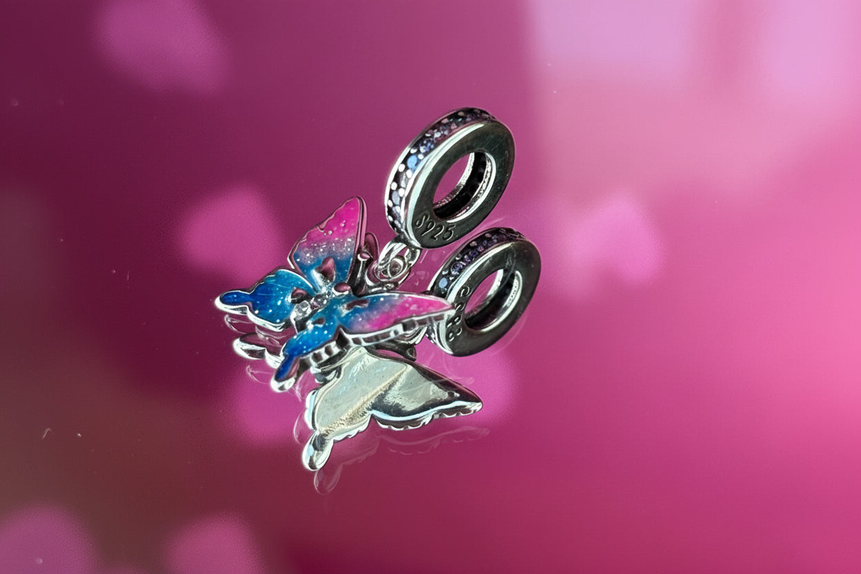 Pink & Blue Butterfly Dangle Charm – 925 Silver Plated Bead