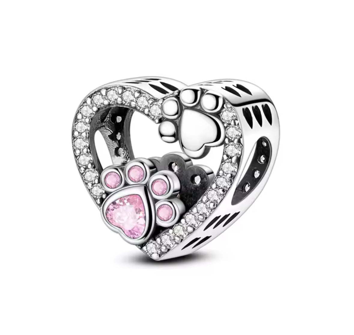 Paw Print Heart Charm – 925 Silver Plated