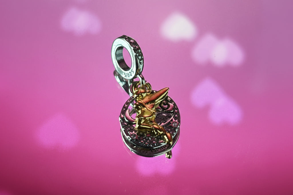 Disney Inspired Tinker bell & Moon Dangle Charm - 925 Silver Plated