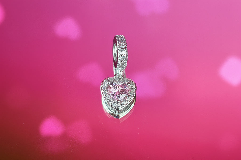 Pink Heart Dangle Charm – 925 Silver Plated Bead