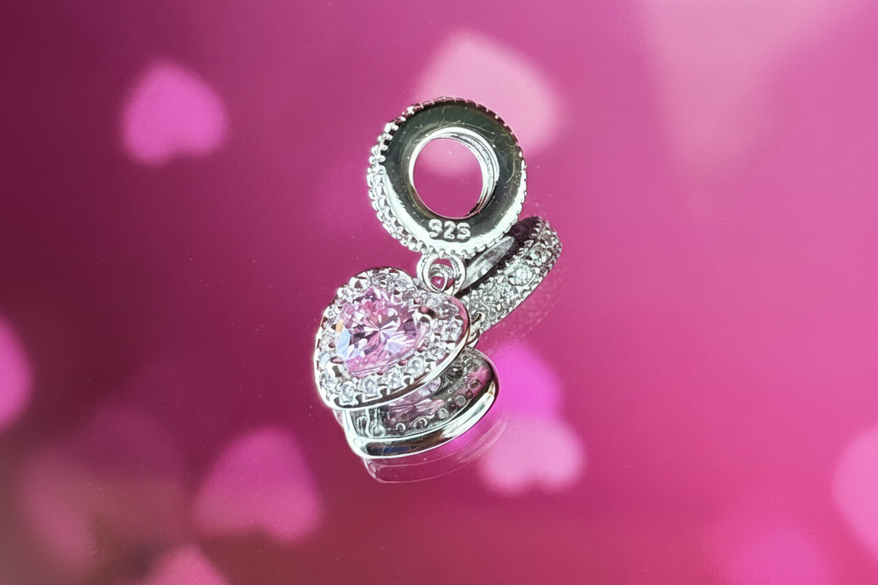 Pink Heart Dangle Charm – 925 Silver Plated Bead