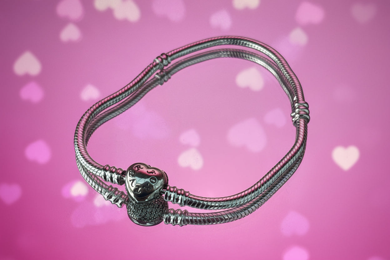 Crystal Heart Clasp Snake chain Bracelet - 925 Silver plated