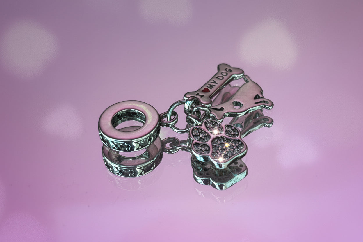 Dog Lover Paw & Bone Dangle Charm – 925 Silver Plated Bead