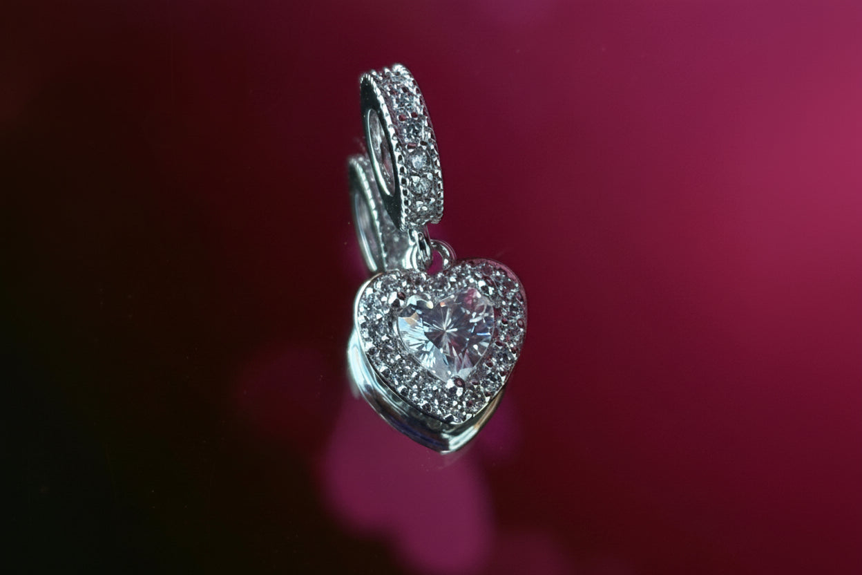 Sparkling Heart Dangle Charm – 925 Silver Plated Bead