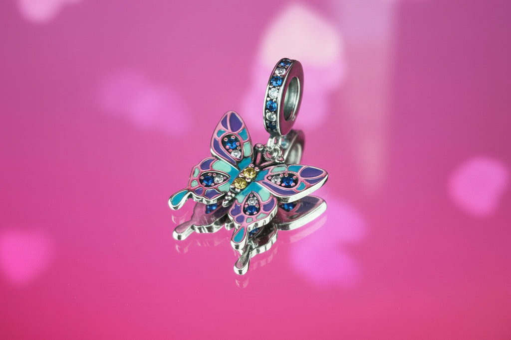 Blue & Purple Butterfly Dangle Charm – 925 Silver Plated Bead