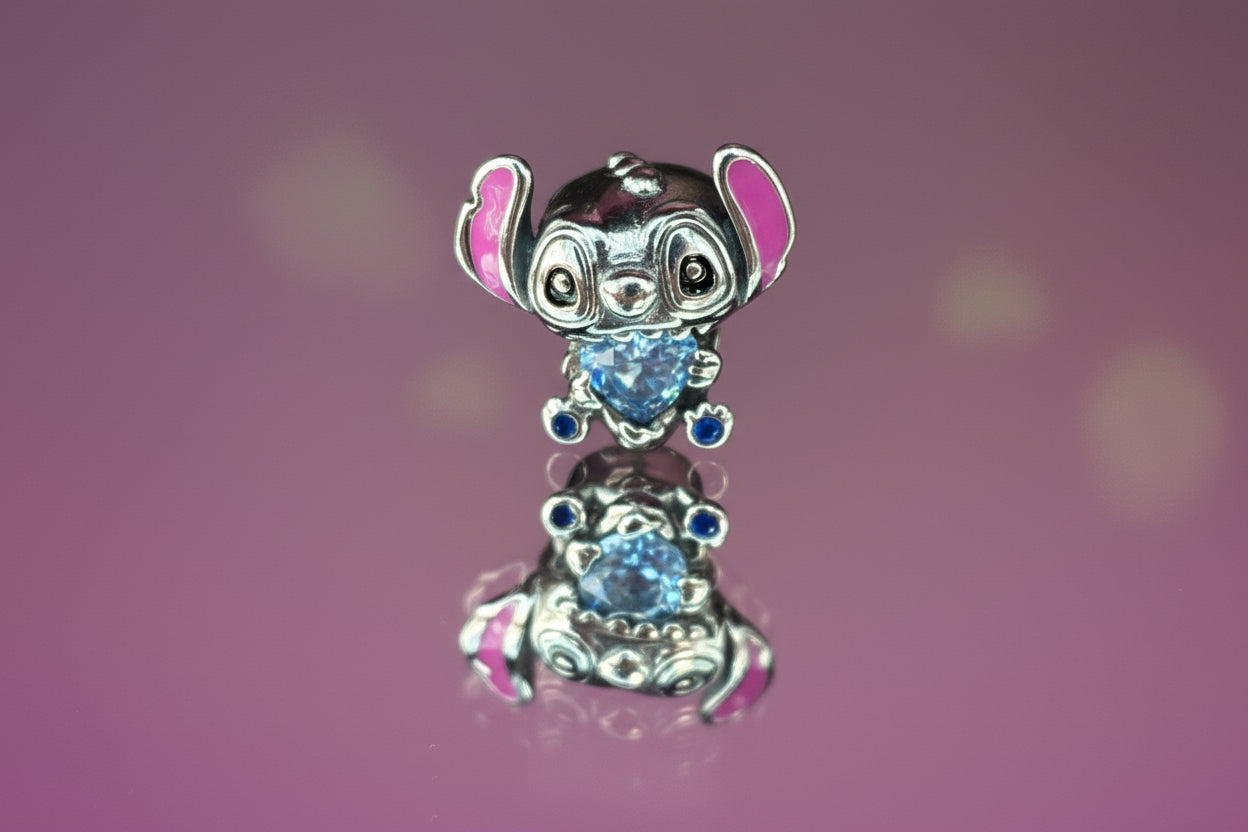 Disney Inspired Stitch Heart Bead Charm – 925 Silver Plated
