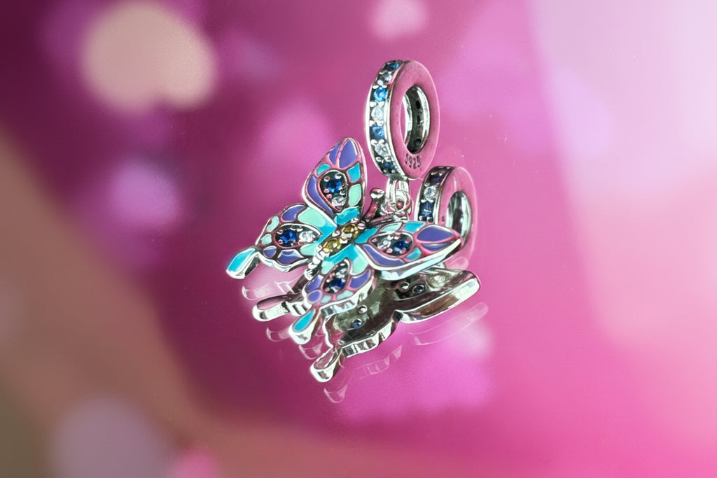 Blue & Purple Butterfly Dangle Charm – 925 Silver Plated Bead