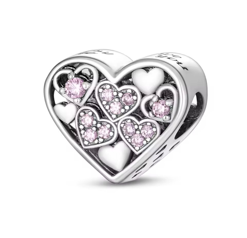 Pink Crystal Heart Cluster Charm – 925 Silver Plated Bead