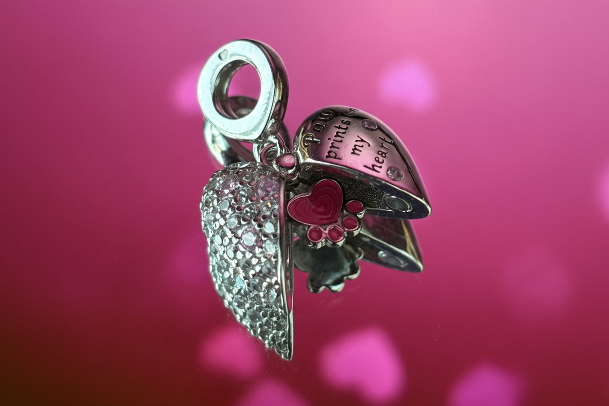 Paw Prints on My Heart Dangle Charm – 925 Silver Plated Bead