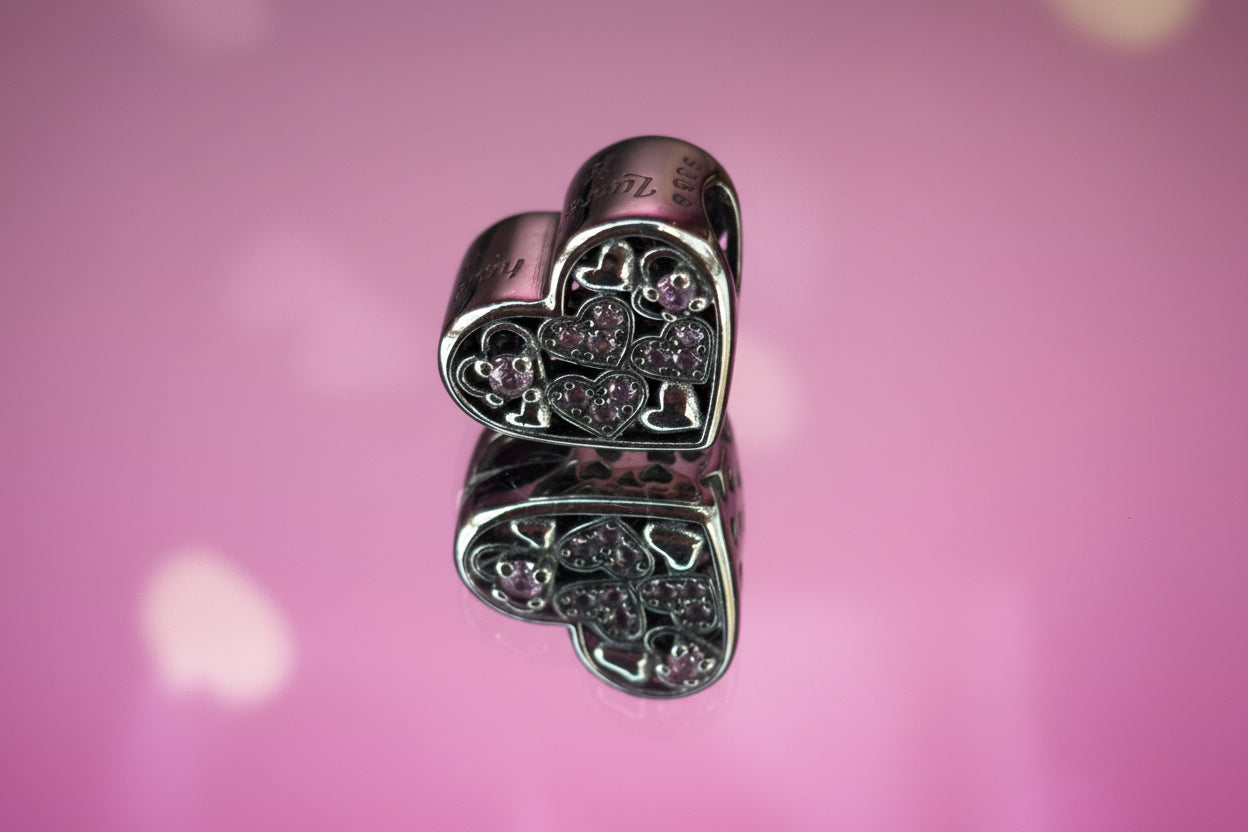 Pink Crystal Heart Cluster Charm – 925 Silver Plated Bead