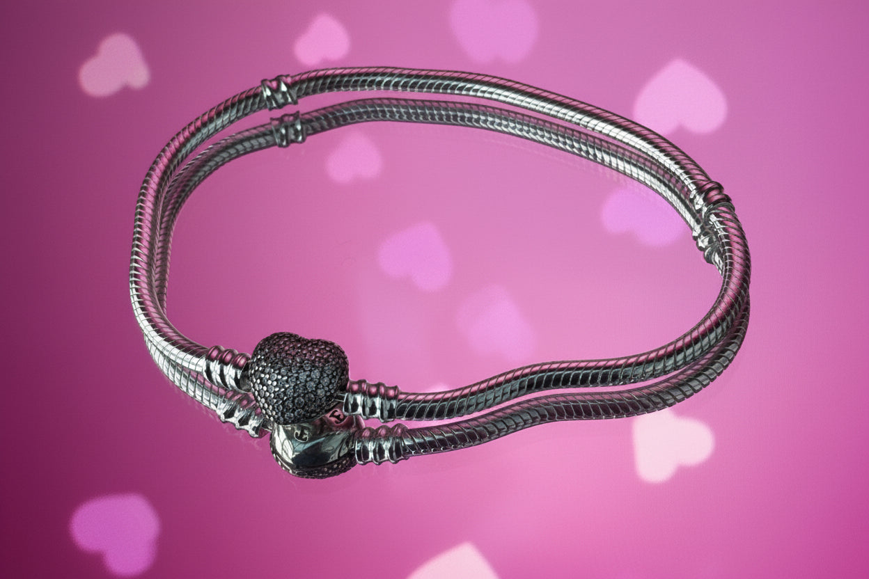 Crystal Heart Clasp Snake chain Bracelet - 925 Silver plated