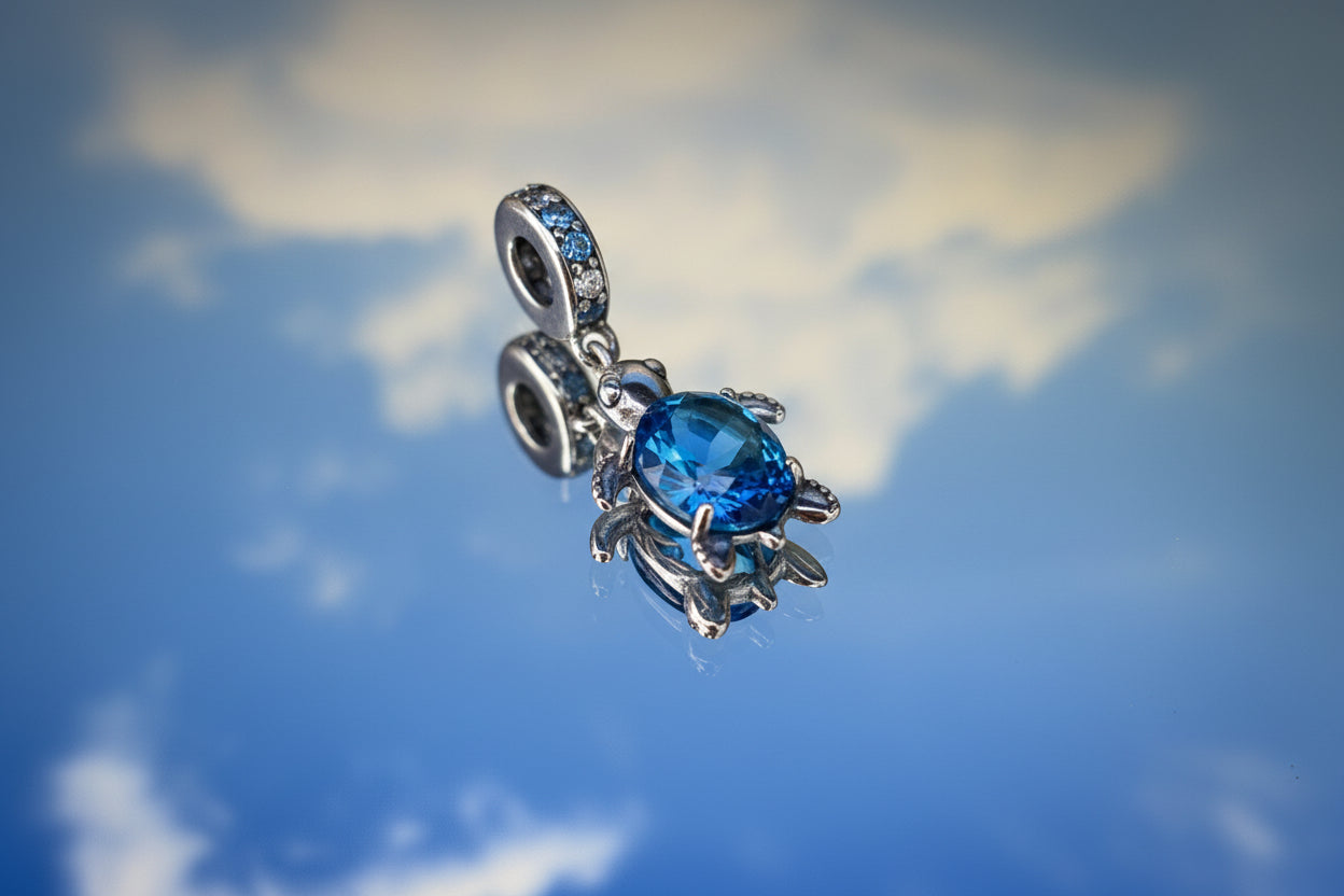 Ocean Dream Turtle Charm – Blue Glass & Sterling Silver Charm