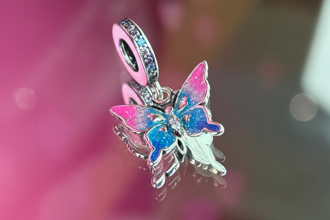 Pink & Blue Butterfly Dangle Charm – 925 Silver Plated Bead