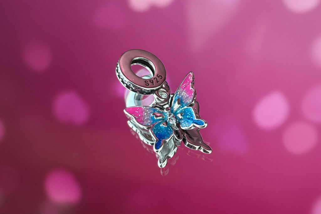 Pink & Blue Butterfly Dangle Charm – 925 Silver Plated Bead