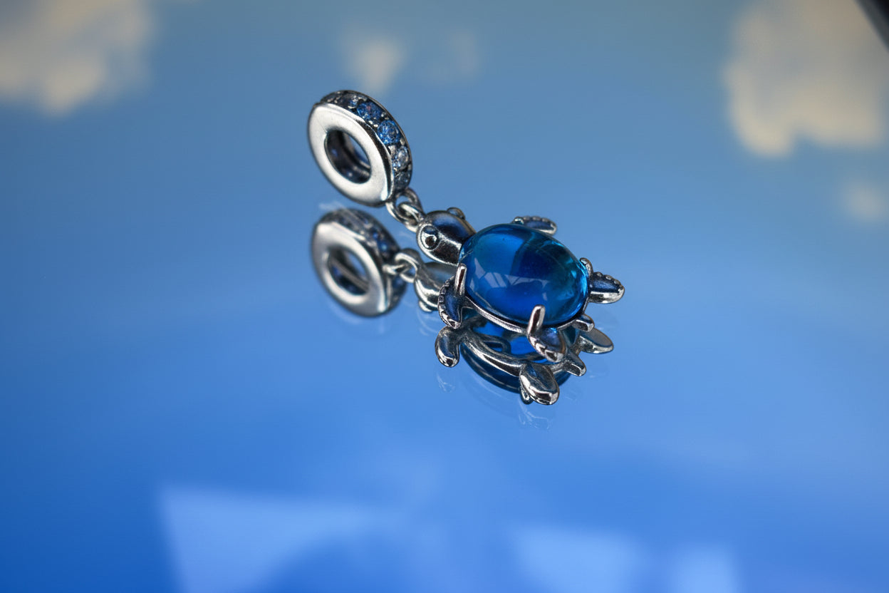 Ocean Dream Turtle Charm – Blue Glass & Sterling Silver Charm