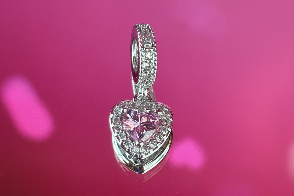 Pink Heart Dangle Charm – 925 Silver Plated Bead