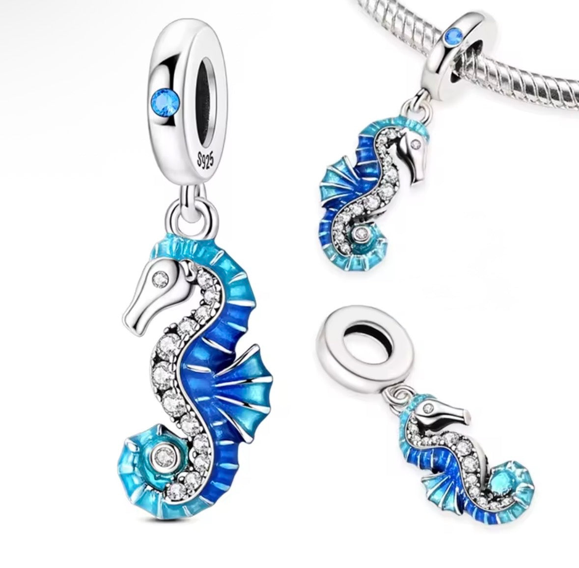 Ocean Tide Seahorse Charm – Blue Enamel & 925 Silver Plated