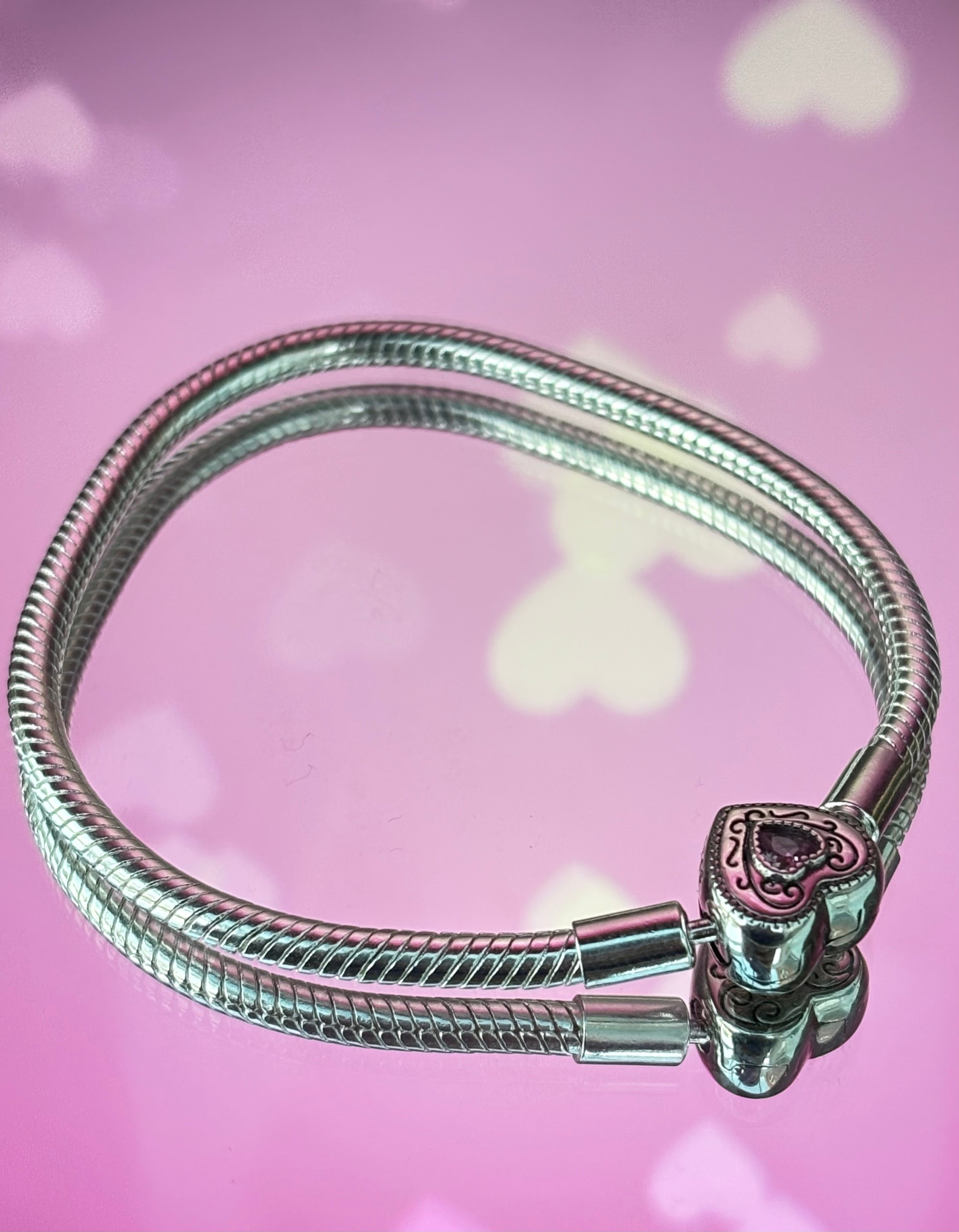 Crystal Heart Clasp Snake chain Bracelet Pink - 925 Silver plated