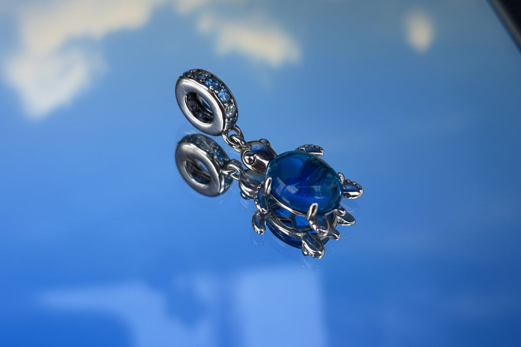 Ocean Dream Turtle Charm – Blue Glass & Sterling Silver Charm