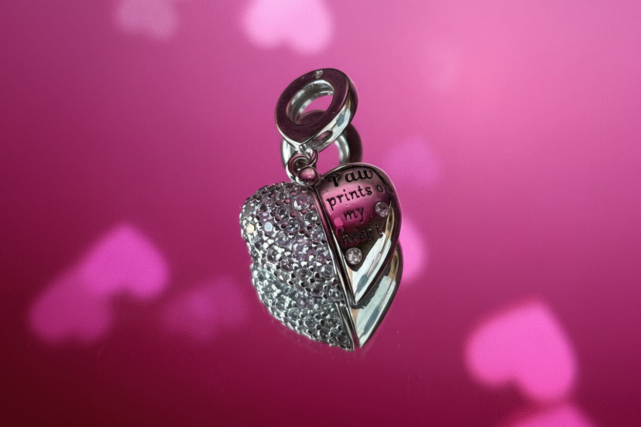 Paw Prints on My Heart Dangle Charm – 925 Silver Plated Bead