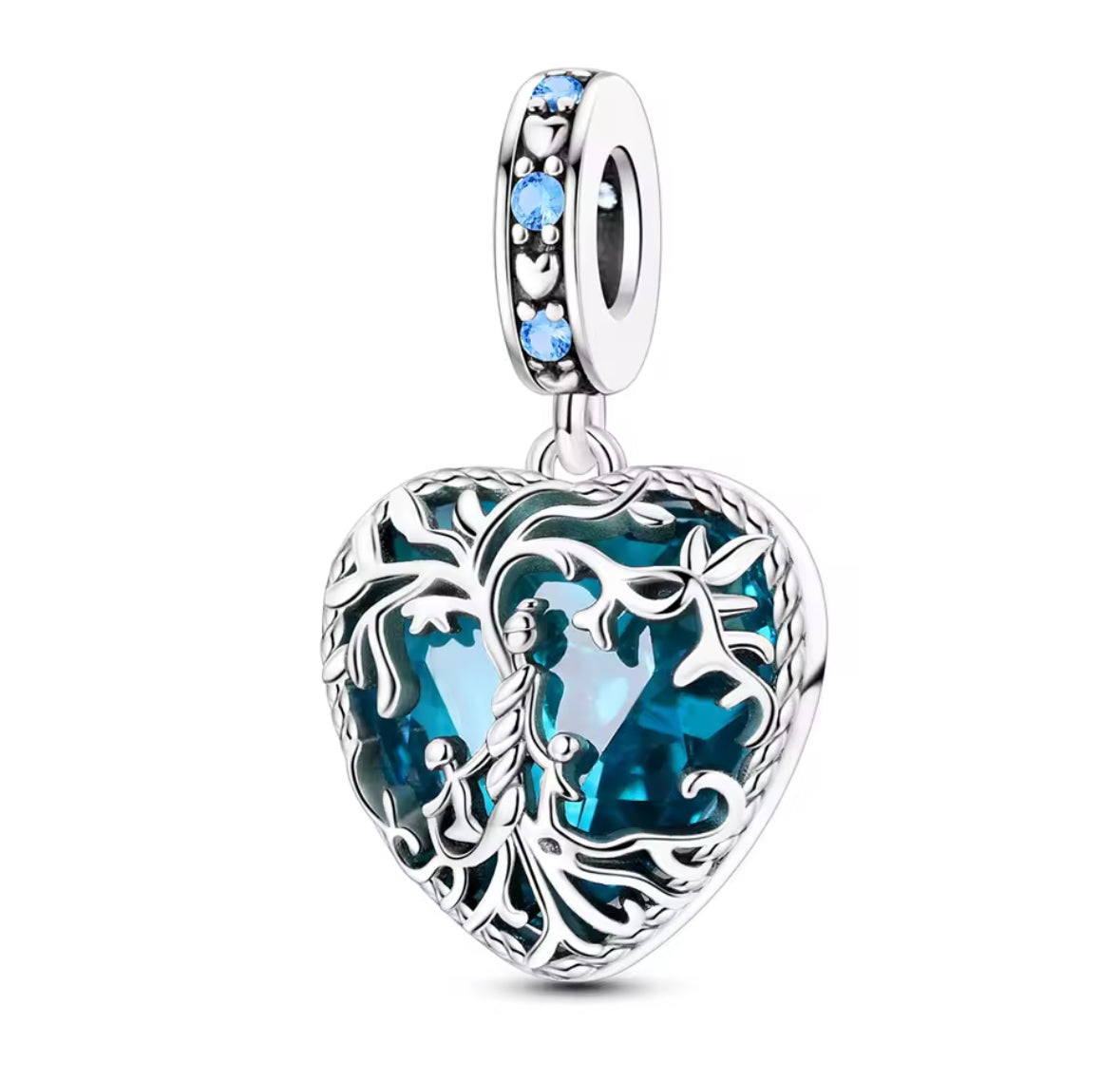 Tree of Life Heart Charm – Teal Crystal & Sterling Silver Charm