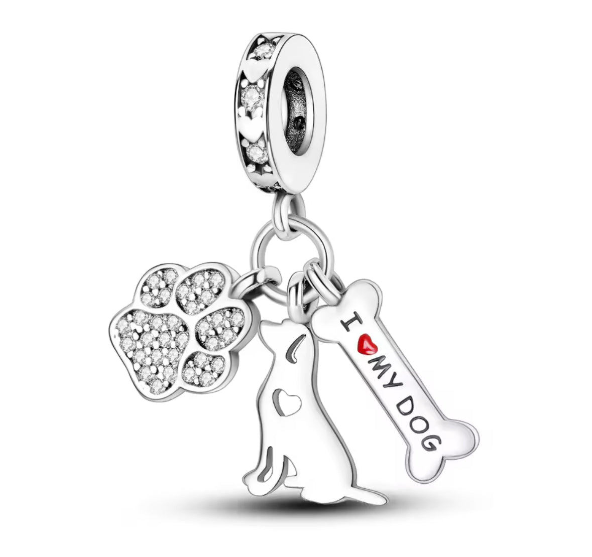 Dog Lover Paw & Bone Dangle Charm – 925 Silver Plated Bead