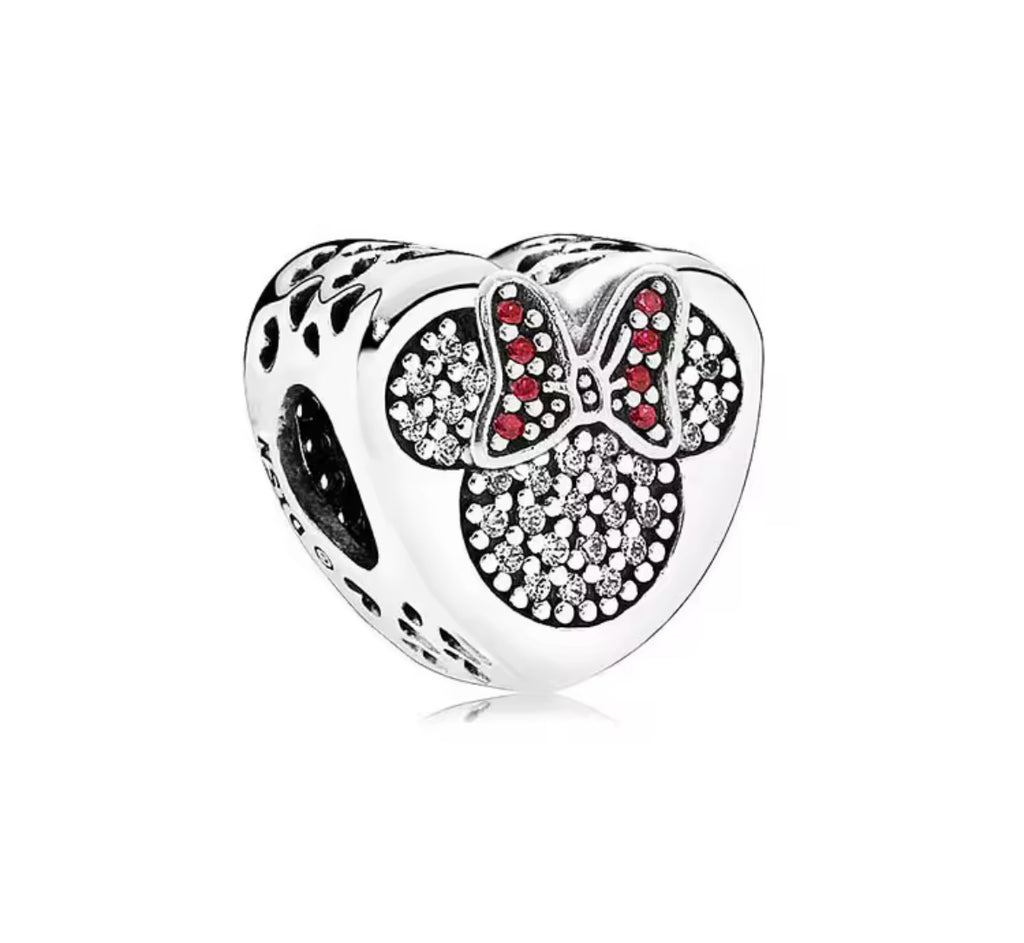 Disney Inspired Minnie Heart Sparkle Charm – 925 Silver Plated Bead