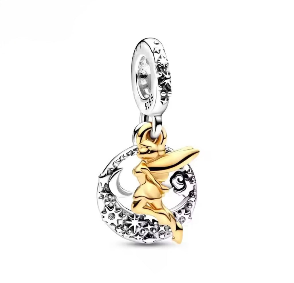 Disney Inspired Tinker bell & Moon Dangle Charm - 925 Silver Plated