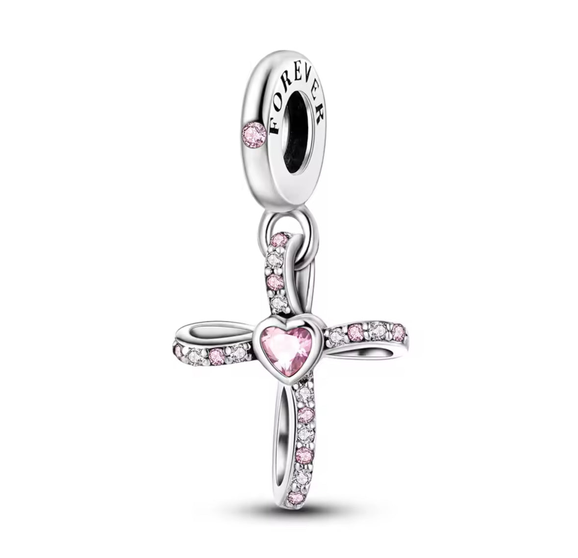 Forever Love Heart Cross Dangle Charm – 925 Silver Plated Bead