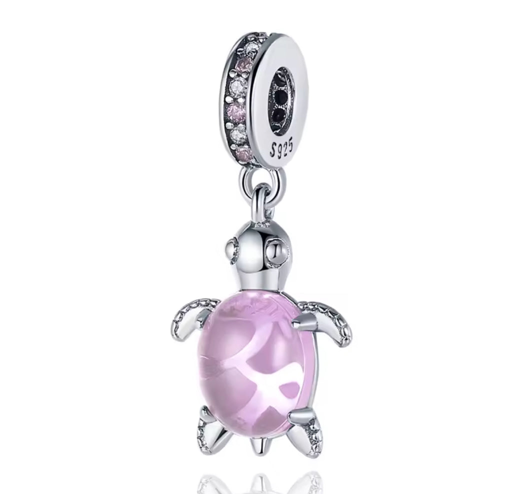 Blush Pink Turtle Charm – Pink Glass & Sterling Silver Charm