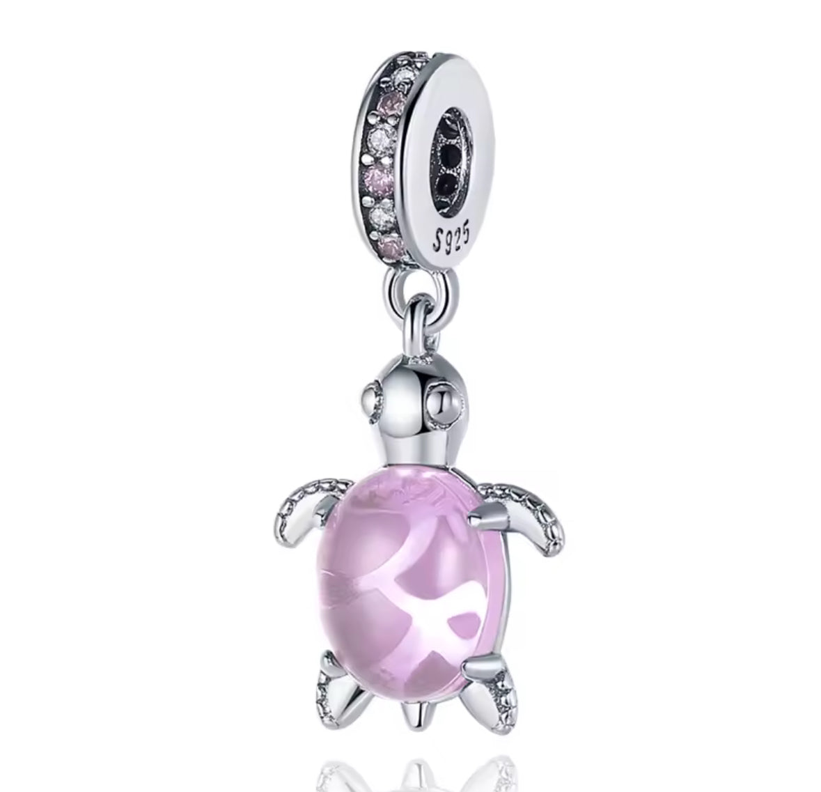 Blush Pink Turtle Charm – Pink Glass & Sterling Silver Charm