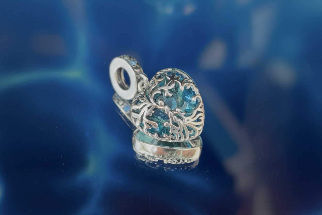 Tree of Life Heart Charm – Teal Crystal & Sterling Silver Charm