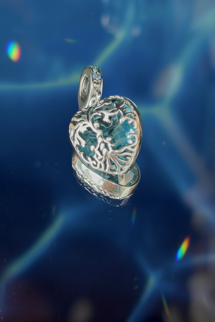 Tree of Life Heart Charm – Teal Crystal & Sterling Silver Charm