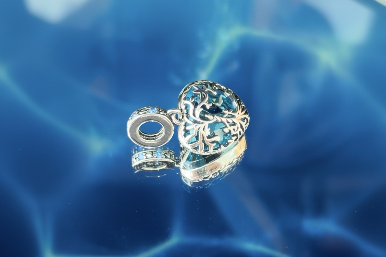 Tree of Life Heart Charm – Teal Crystal & Sterling Silver Charm
